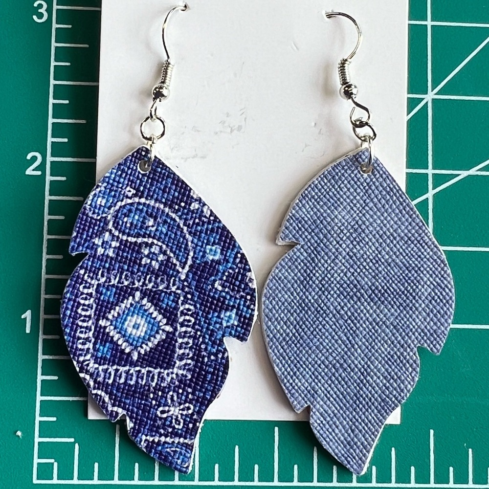 Leaf Cut Blue White Bandana Double sided handmade vegan earrings hypoallergenic